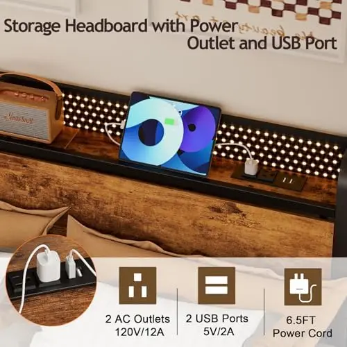 Pełna ramka łóżka z oświetleniem LED, przemysłowy zagłówek, ładowanie USB, schowek pod łóżkiem