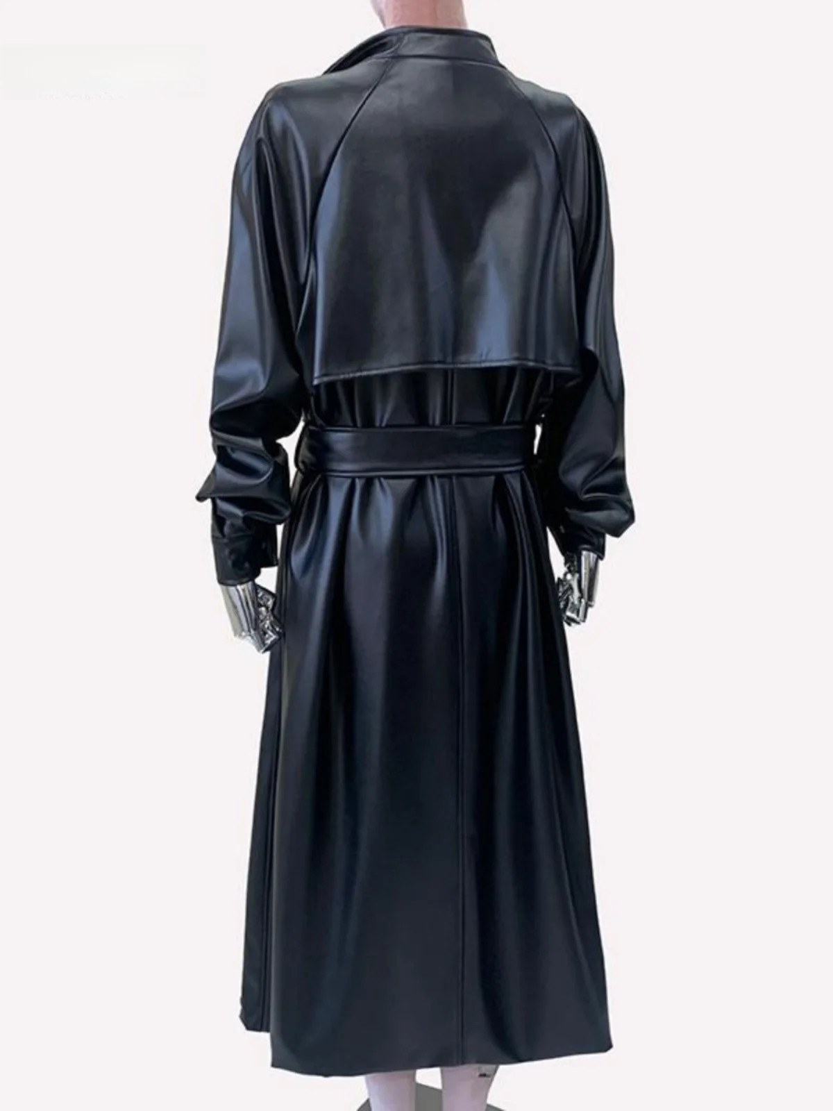 

Nerazzurri Bla PU Leather Coat Women's Long Loose Sle Korean Casual Windbreaker Jaet with Belt Autumn Winter Outerwear