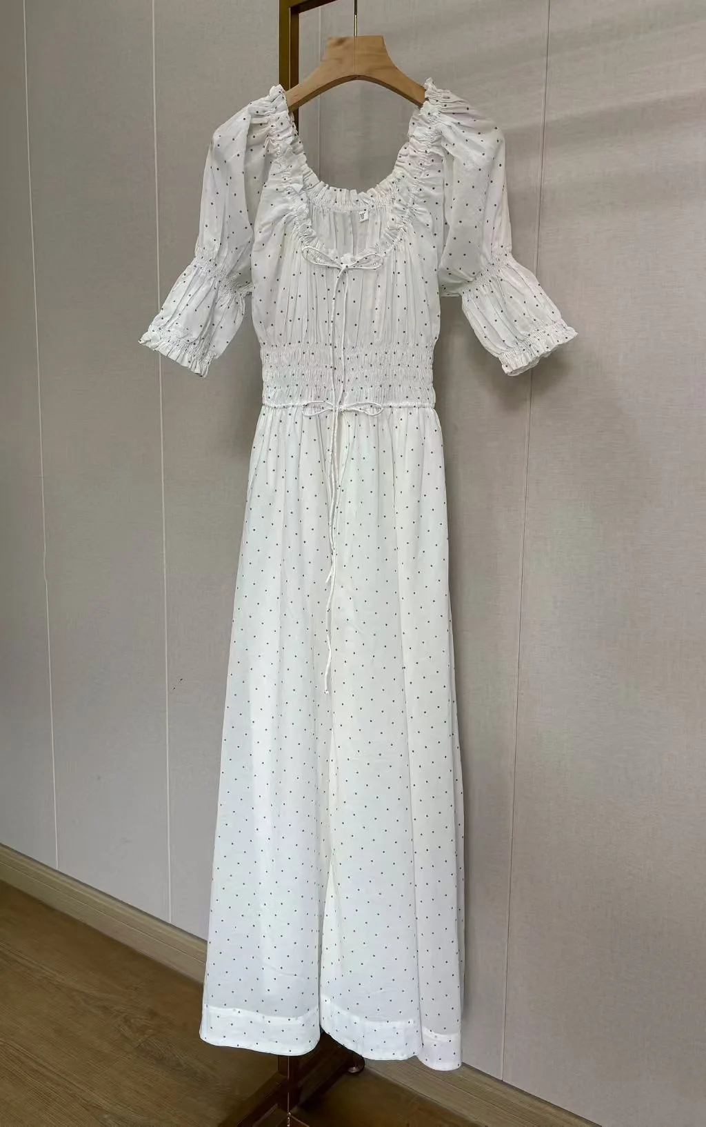 2026 Women Polka Dot Print Long Dress Drawstring Elastic Waist U-Neck Puff Sleeve Loose Casual Cotton Robe