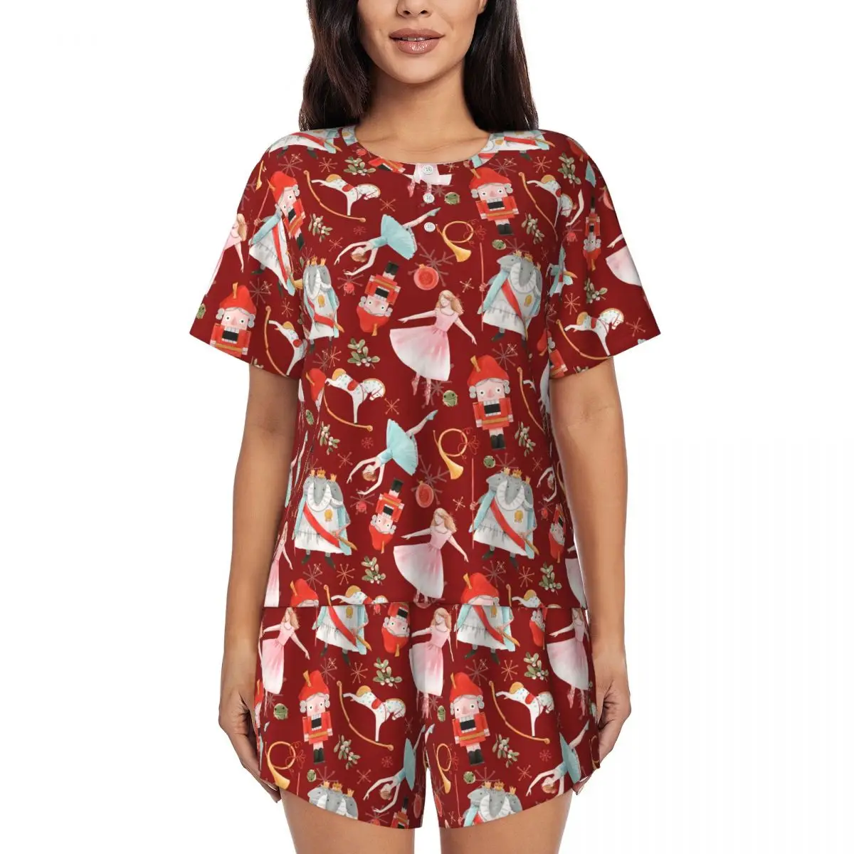 

Christmas Nutcrackers Stars Ballerina Violin Round Neck Short Sleeve Nightgowns for Sleeping Women Soft Pajama Set Short Pants