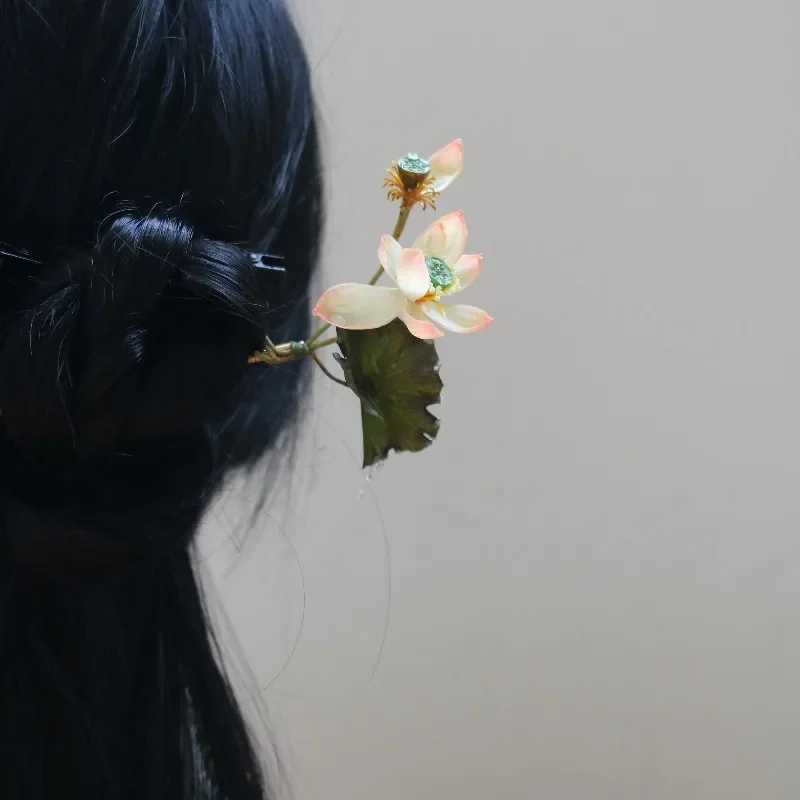 Leave the residual lotus to listen to the sound of the rain, cold porcelain clay lotus hairpin, new Chinese Hanfu, ancient hairp