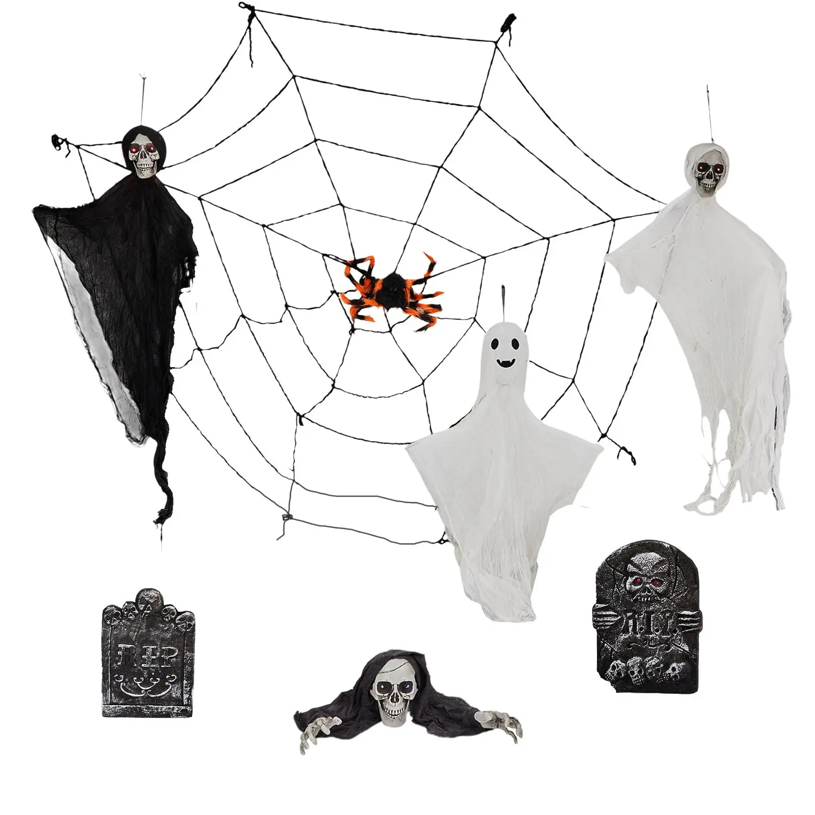 Outdoor Halloween Decorations 8-Piece Set, Hanging Ghosts Decor and Cobweb and Gravestone