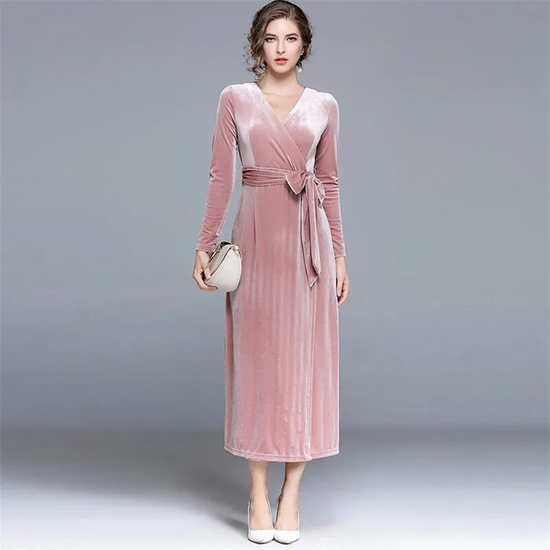 New 2024 Spring Autunm Evening velour Party Dresses Winter Pink Velvet Dress Women Sexy Long Dresses With Sashes Vestidos