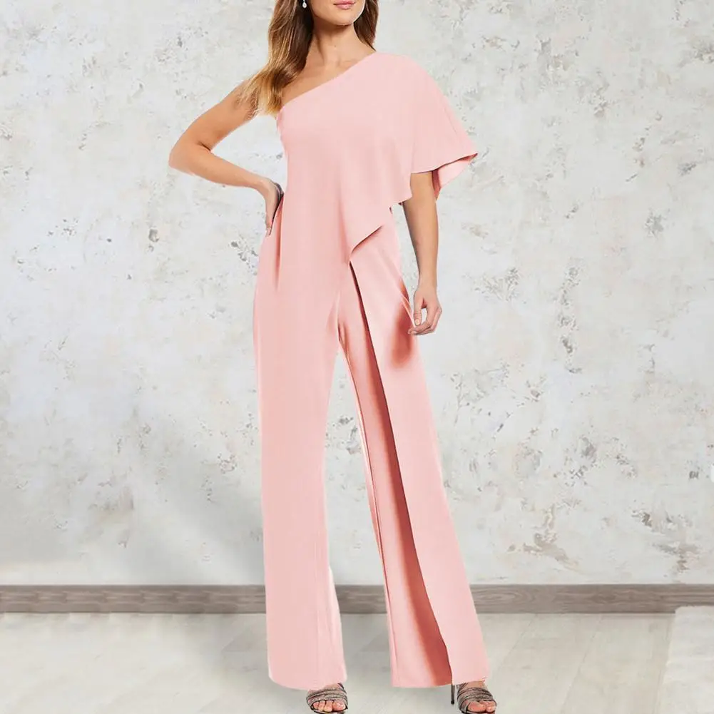 Slanted Shoulder Jumpsuit Stylish Women's Summer Jumpsuit Slant Collar Short Sleeve High Waist Wide Leg Solid Color Split Gown