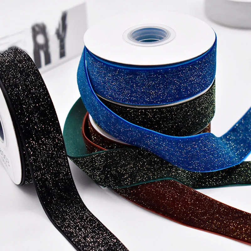 Velvet Ribbon 2.5cm wide 50/150Yard per roll W Glitter Silver Gold line Disco Fashion Cloth accessories F Wedding Birthday party