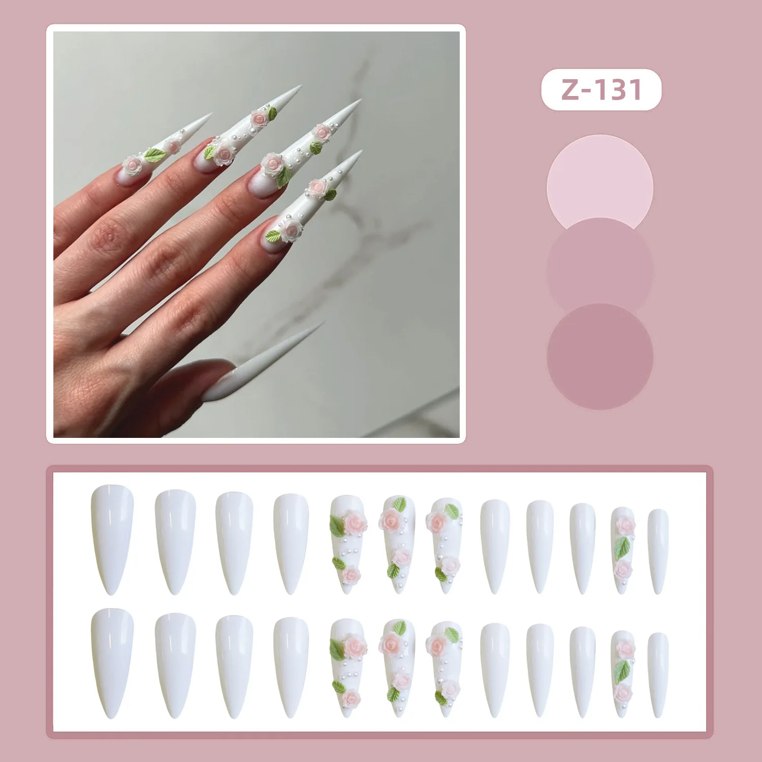 24PCS Stiletto Y2k Fresh Flower Fake Nails Press On Acyrlic Nails with 3D Rose Decoration Super Long False Nail Wedding Nail Art