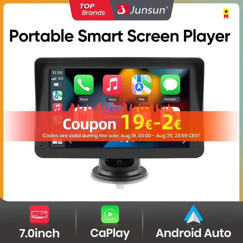 Junsun 7 Inch Wireless CarPlay Android Auto Portable Car Radio Multimedia Video Player Touch Screen With BT GPS Rear View Camera