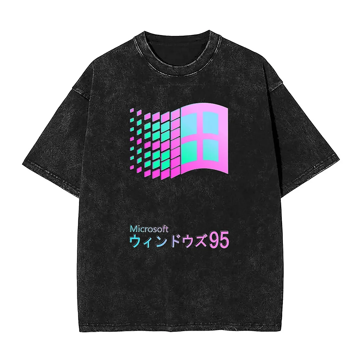 Windows 95 Washed T Shirt Couple Vaporwave Gradient Aesthetic Y2K Loose T Shirts O-Neck Fashion Tee Shirt Print Big Size Tops