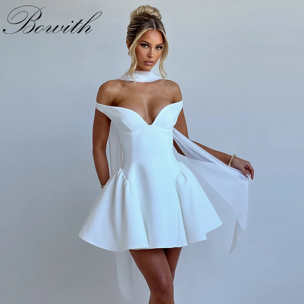 

Bowith Off the Shoulder Mini Party Dresses A-line Customized Above Knee Wedding Party Dresses Women Prom Gown Evening Dresses