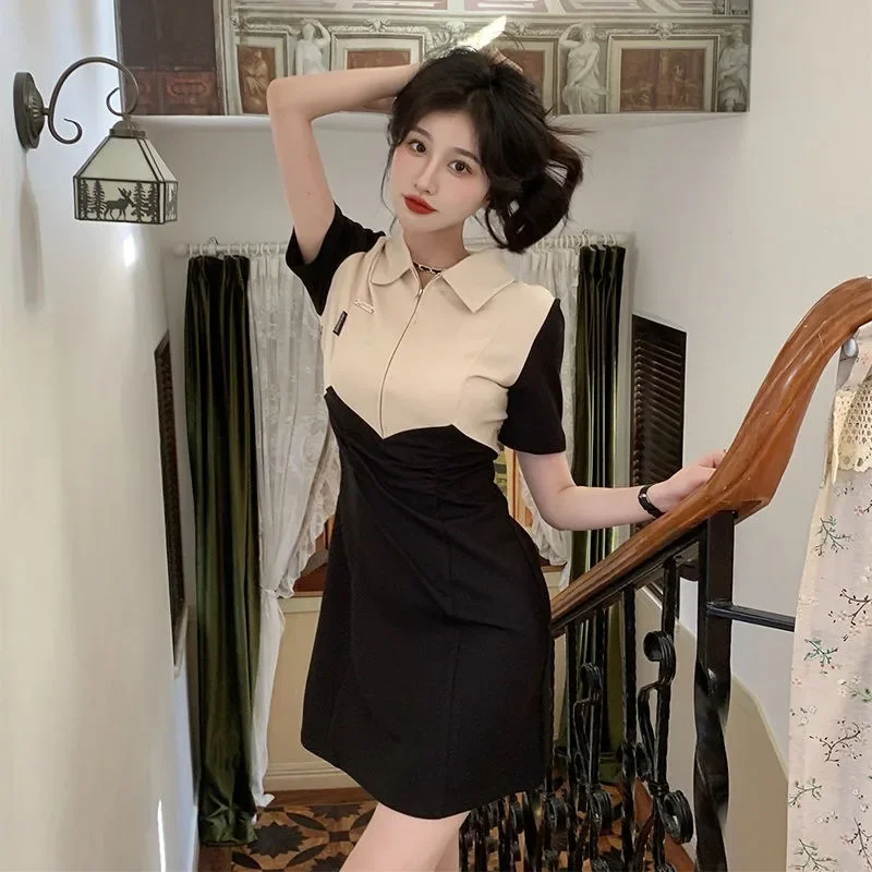 

New Fashion Patchwork Polo Neck Short Sleeve Split Dress Women's High Waist Slim Midi Dress French Korean Elegant Vestidos Y2k