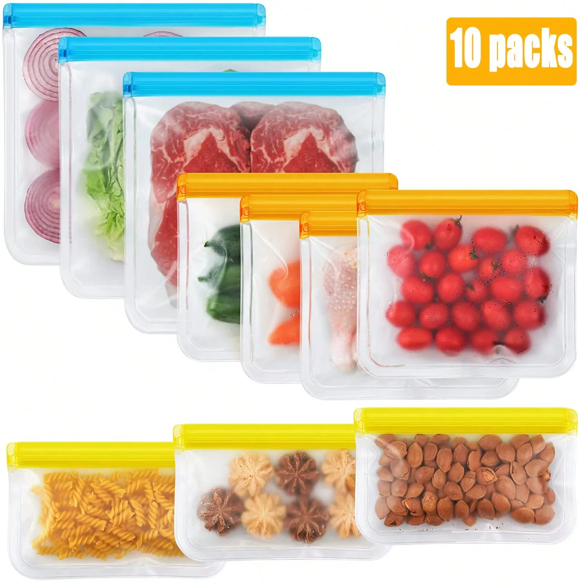 10pcs(3 Large +4 Medium +3 Small) Leak-Proof Reusable Silicone Food Storage ,Gallon Freezer&Sandwich&Snack Bag