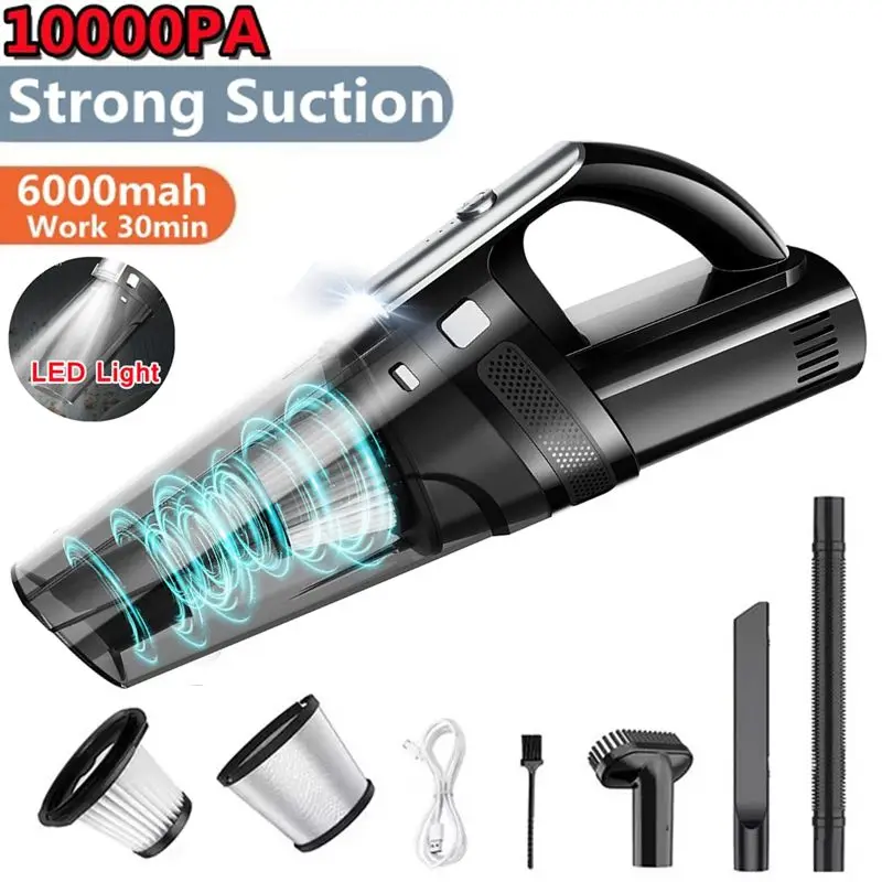 Беспроводной автомобильный пылесос 10000 па, беспроводной портативный ручной мощный всасывающий домашний автомобильный пылесос с светодиодный 2 HEPA-фильтром
