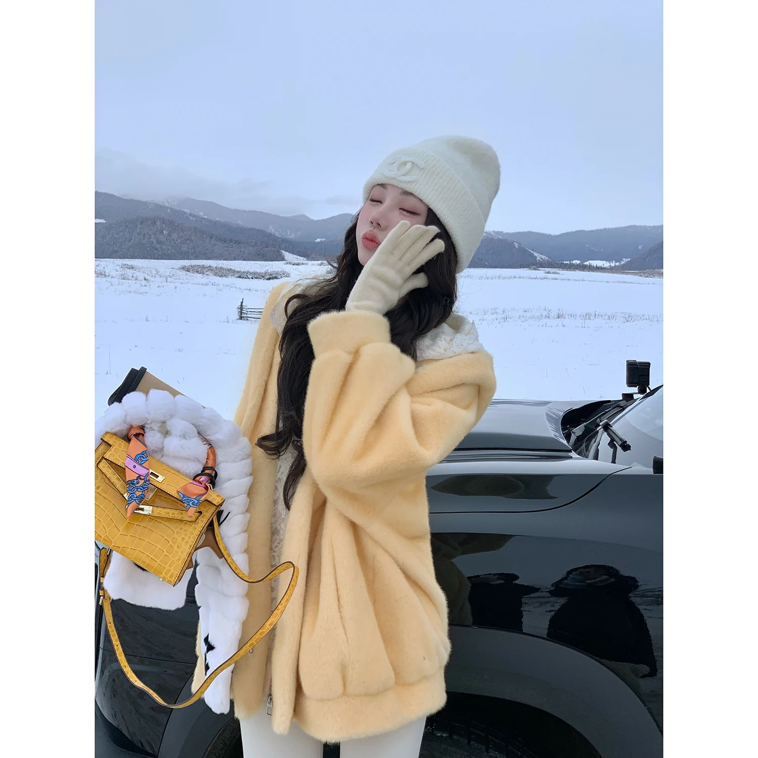 

Sy Autumn Winter Long Sve Lace Hooded Fake Two-Piece Eco-Friendly Fur Coat Women's Daily Wear Warm Universal Fit