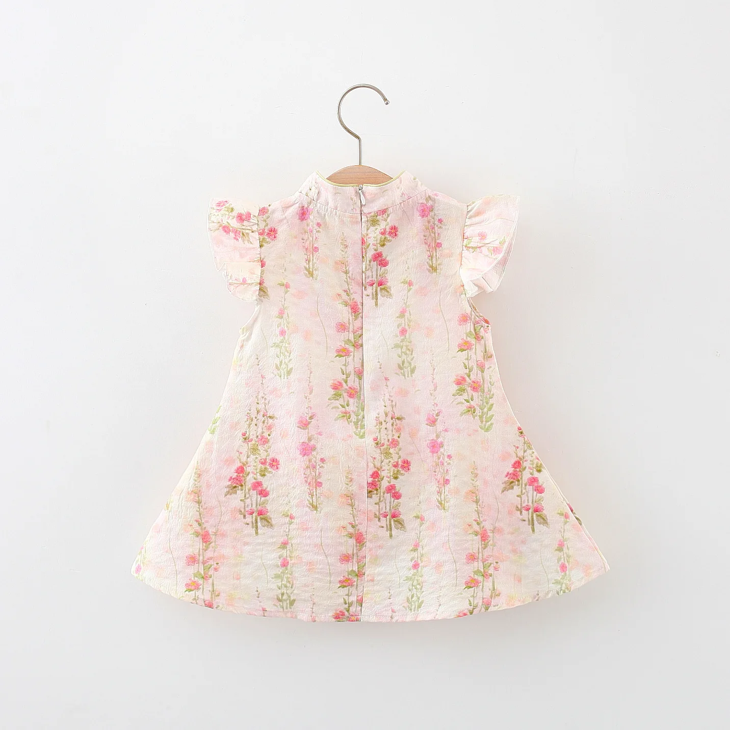 Summer Tulip Cheongsam Baby Girl Dress Cute Chinese Style Small Flying Sleeves Fragmented Embroidered Girl Dress