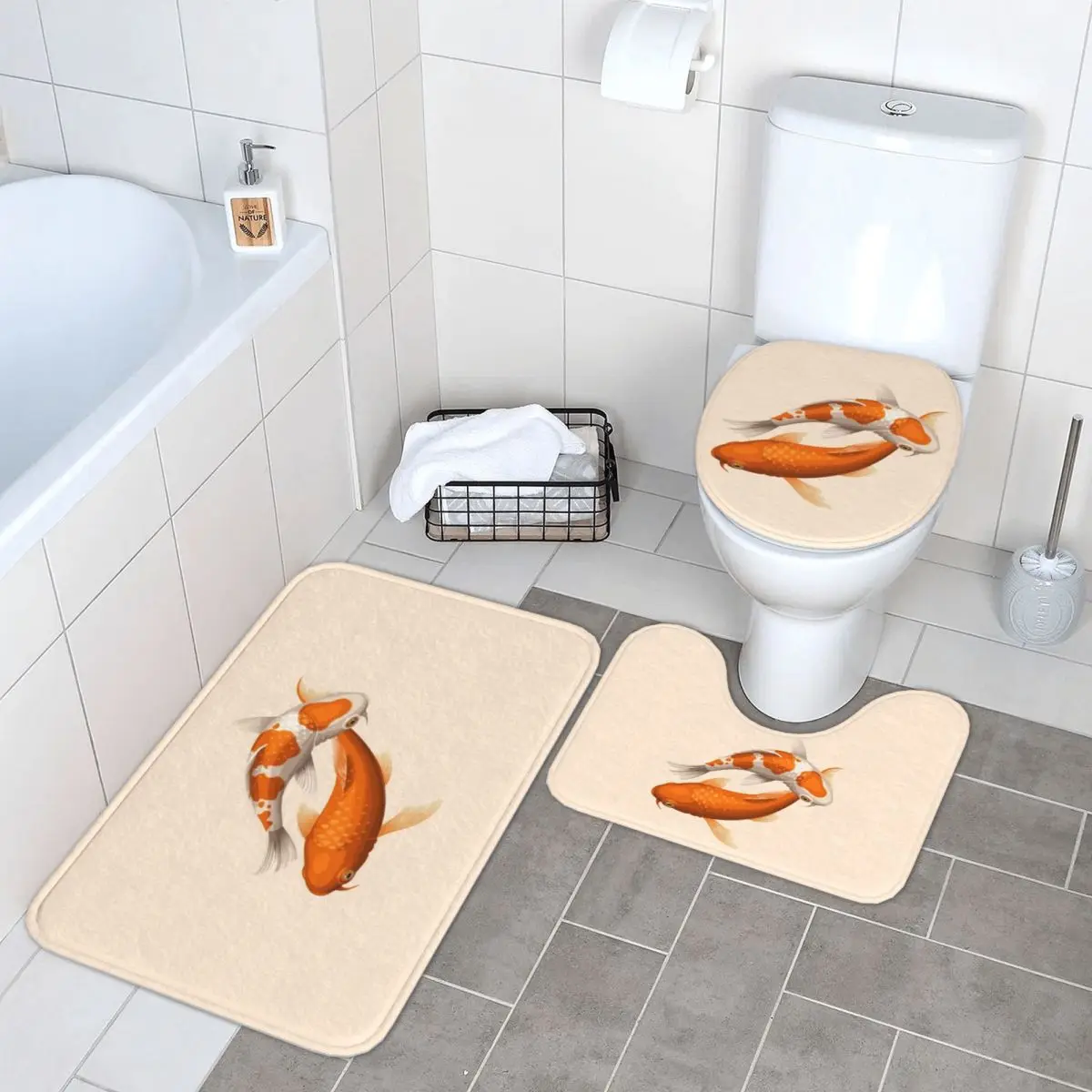 

Оранжево-белая рыба кои! (на светло-оранжевом) 3-х предметный коврик для ванной комнаты, набор для ванной комнаты, крышка для унитаза, домашний декор, нескользящий ковер, напольный коврик