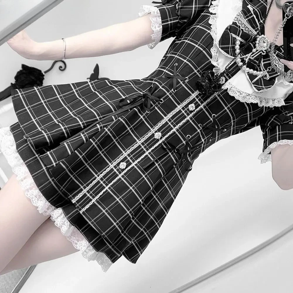 หวานสาววิทยาลัย Mine ผอมแขนสั้น Slim High เอวใหม่สีเทาสีชมพูลายสก๊อตสีดําสีขาวชุดและกางเกงขาสั้นชุด