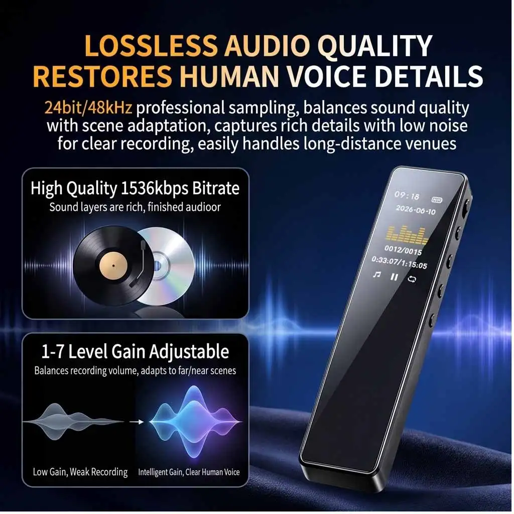 220H Continuous Recording Voice Recorder 20-Level DSP Noise Cancelling Digital Audio Recorder 32G/64G OTG Type-C Metal Body