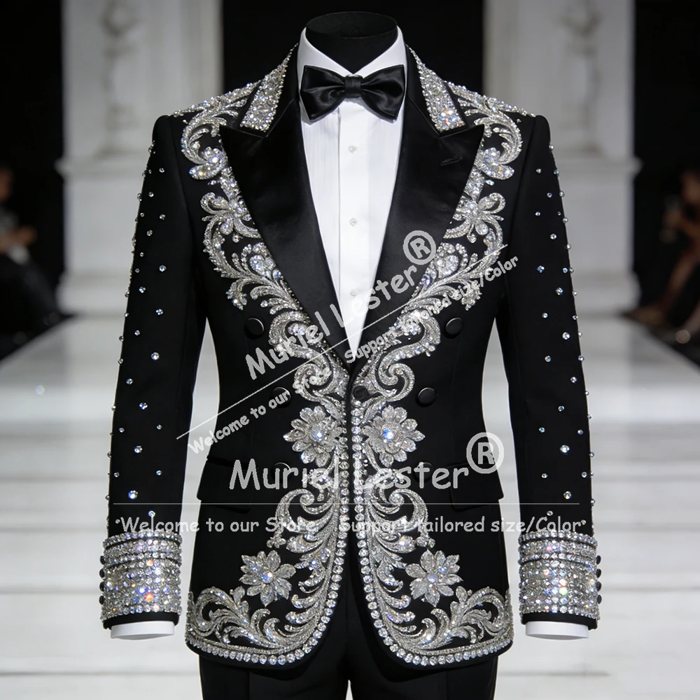 

Luxury Rhinestone Beaded Men Suit Customized Satin Lapel Groom Party Male Blazers 2 Pieces Sets Tuxedos Wedding Costume Homme