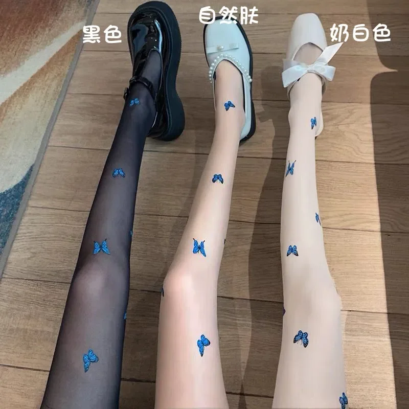 Bas en soie papillon bleu, chaussettes de dessin animé Lolita printemps été Loli Cosplay, legging moulant et Sexy