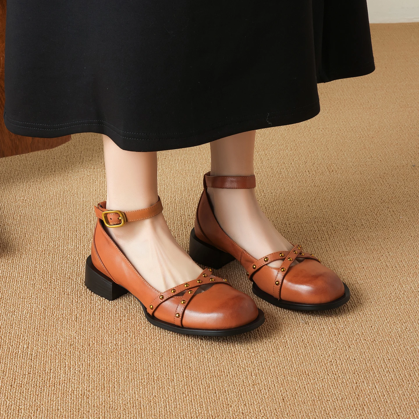 

Genuine Leather Cowhide Women's Shoes, Rivet Belt buckle Ankle Strap Women Sandals