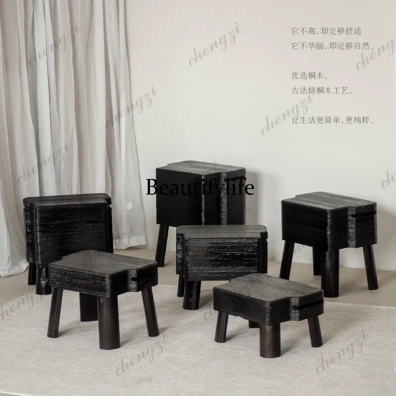 Solid wood small stool, shoe change at the entrance of the living room,  tenon and mortise convex surface wabi-sandy style stool