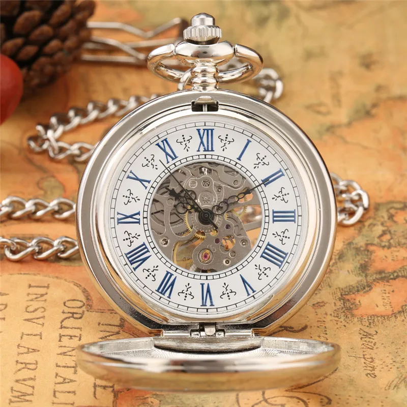 Silver Hand-winding Mechanical Pocket Watch for Men Women Roman Number Half Hunter Skeleton Clock with Pendant Chain Gift