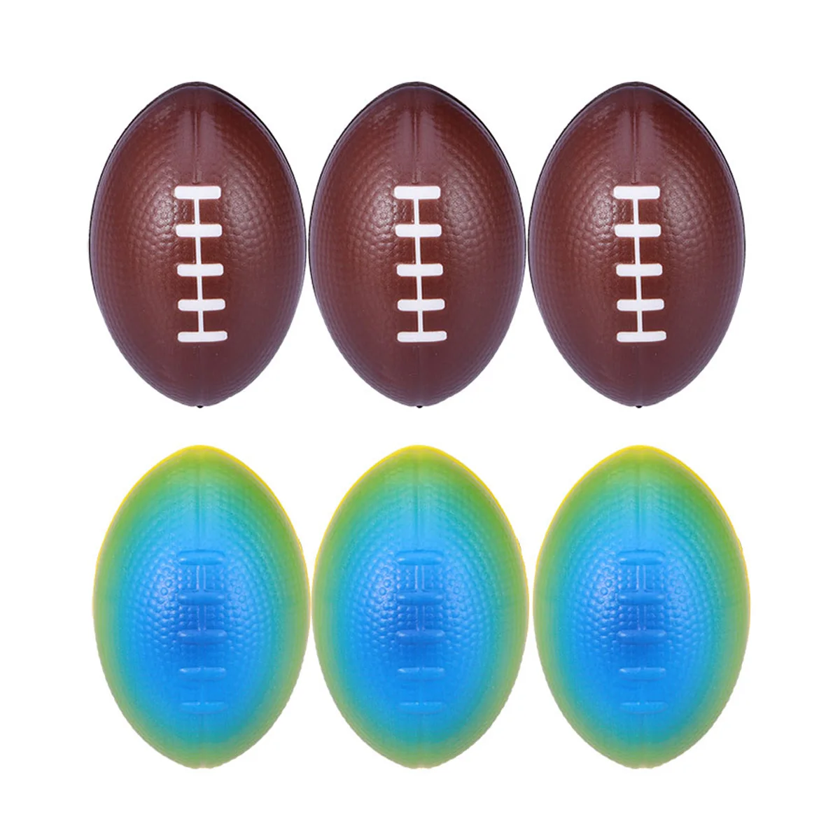 

6pcs 9cm Sponge Bouncy Rugby Elastic Colorful PU Jumping Balls Toy for Children Kids (Coffee + Rainbow Color Each 3pcs)