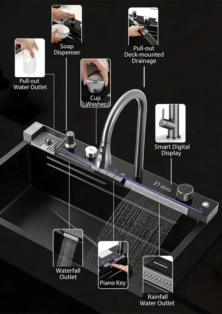 Complete Whole Set Waterfall Kitchen Sink Stainless Steel Sinks Big Single Bowl With Dish Rack Under Mount Sinks