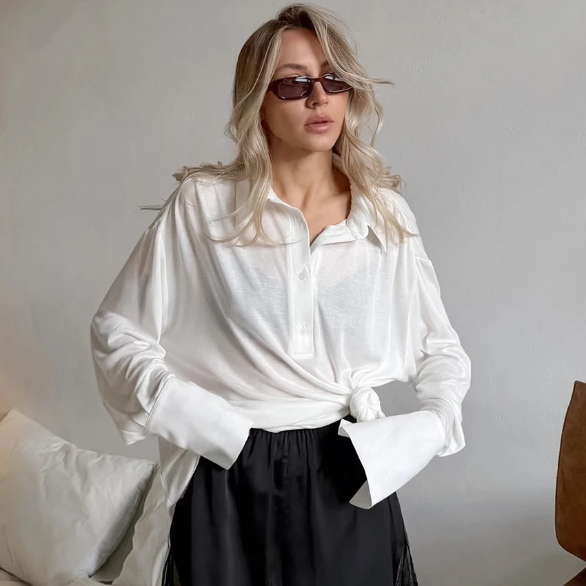 

Linad Office Lady White Loose Lapel Shirts Summer Casual Sheer Long Sleeve Blouse For Woman Street Chic Button Up Tops 2026