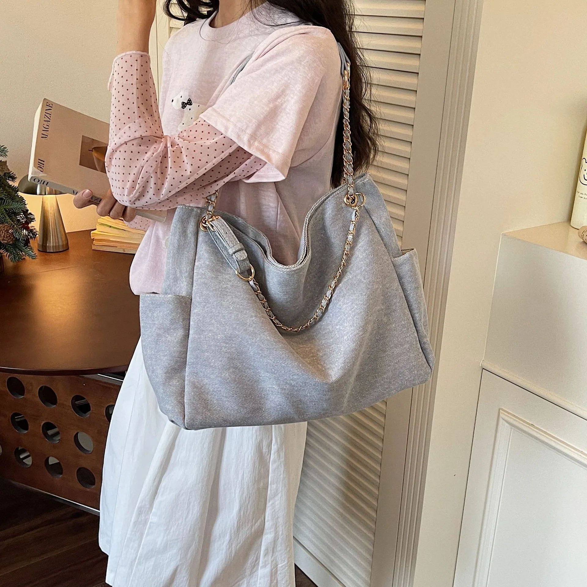 Washed Denim Shoulder Bag - Versatile Commuter - usage example