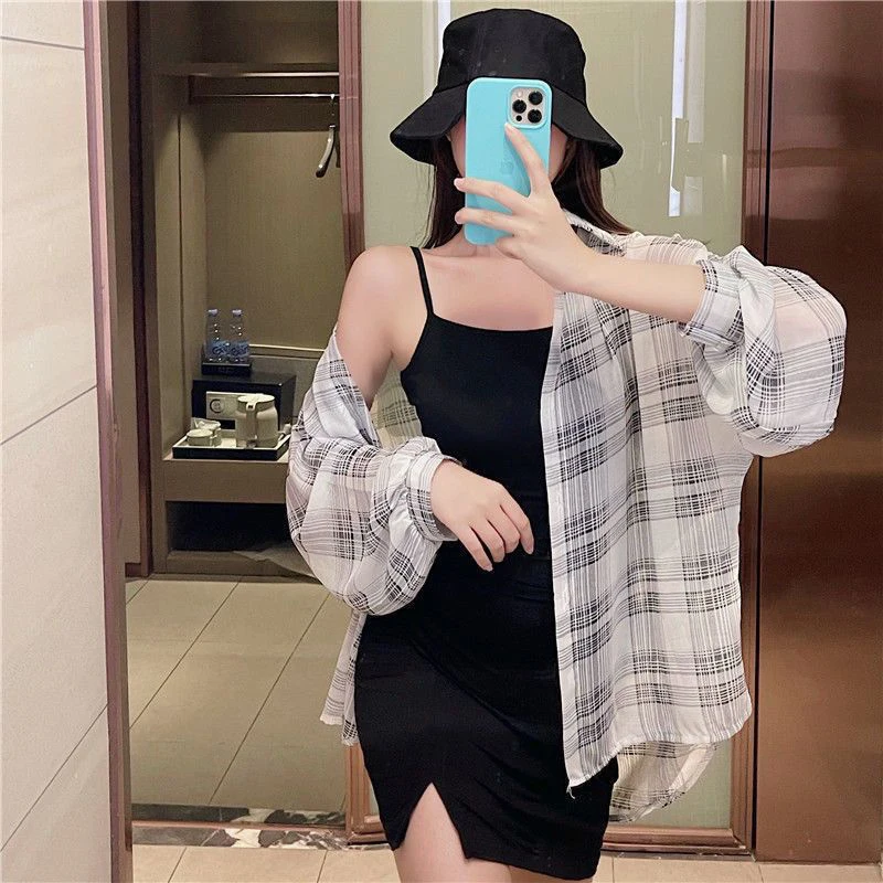 Oversize Women Plaid Shirts Summer Long Sleeve Simple Loose Female Blouse Fashion Korean Sun-proof Ladies Tops New