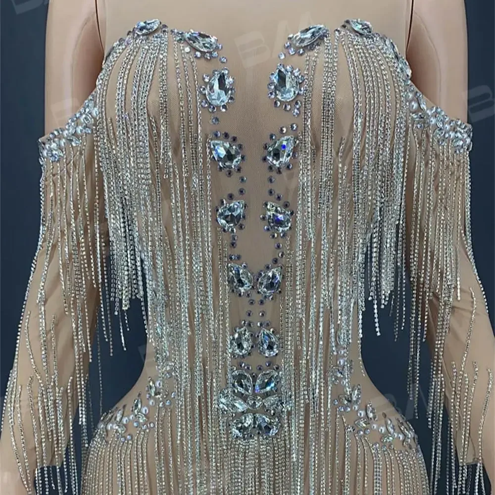 Women Crystal Formal Occasion Dress With Tassel Off The Shoulder Sleeve Mermaid Evening Gown Wedding Party Dresses