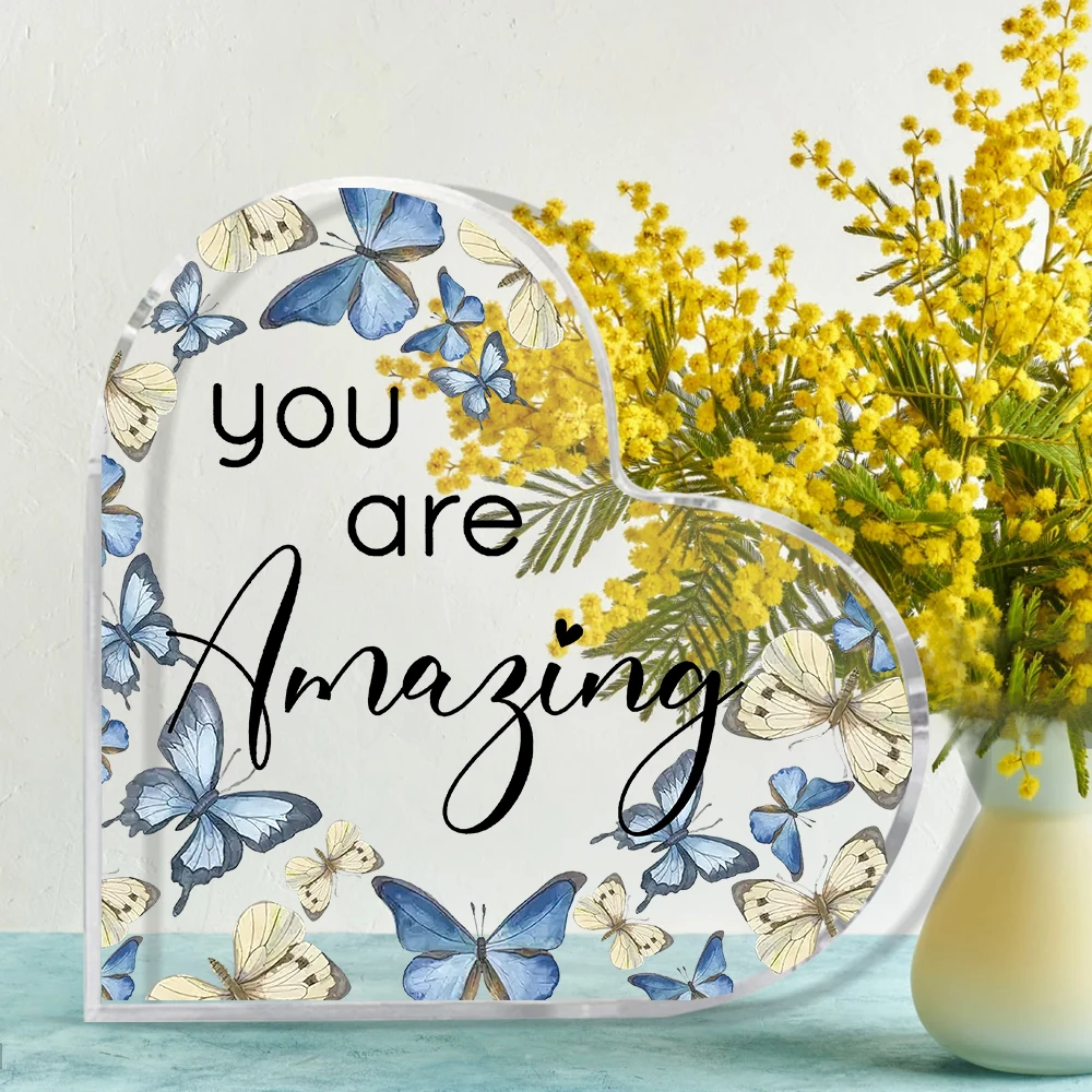 Inspirational Butterfly Gift You Are Loved Decor Acrylic Heart Shaped Keepsake with Rustic Butterflies for Employee Appreciation