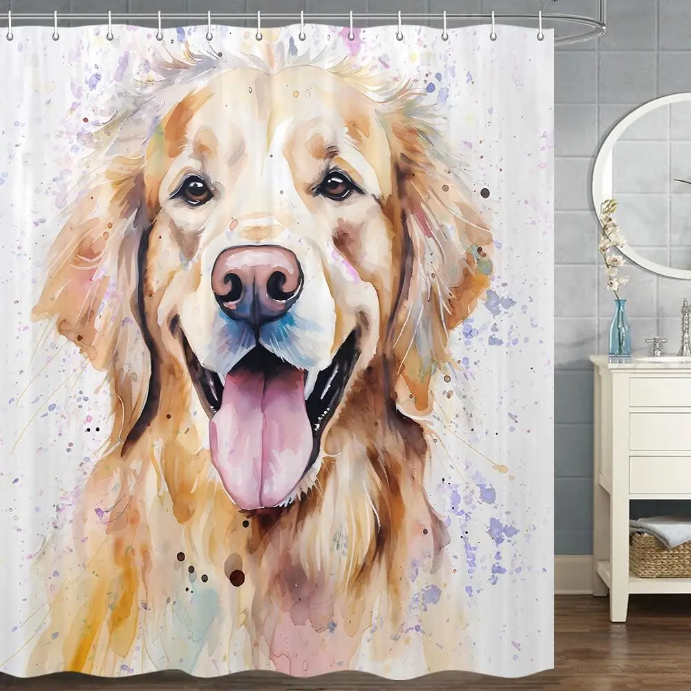 Watercolor Golden Retriever Shower Curtain, Colorful Dog Portrait Bath Decor Artistic Pet Lover Gift Waterproof Polyester Fabric