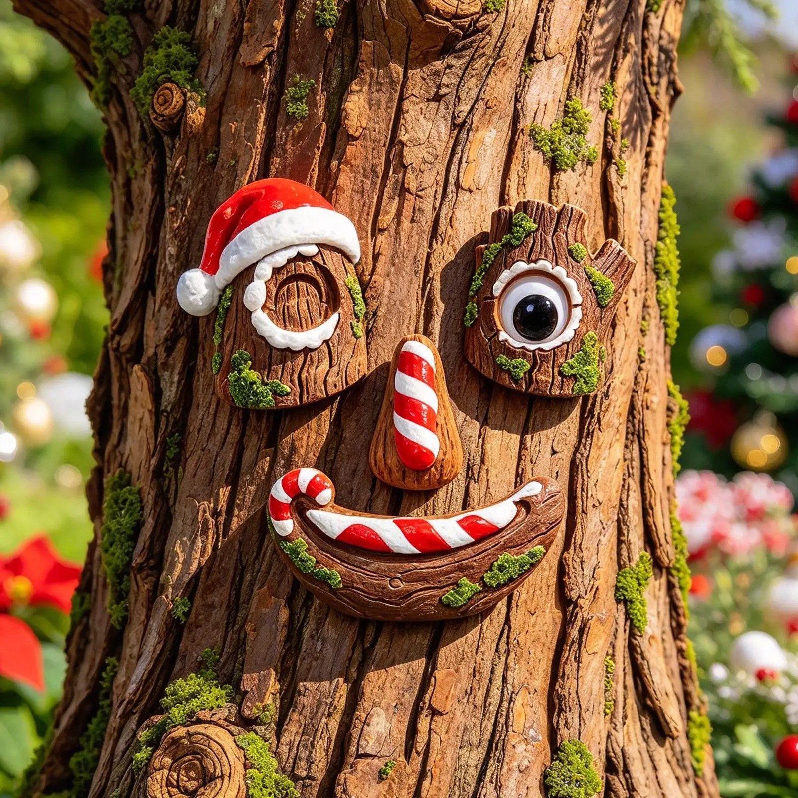Unique Christmas Tree Trunk Smiling Face Decor Resin Statue Artistic Holiday Ornament for Home Yard Party Tabletop Display Gift