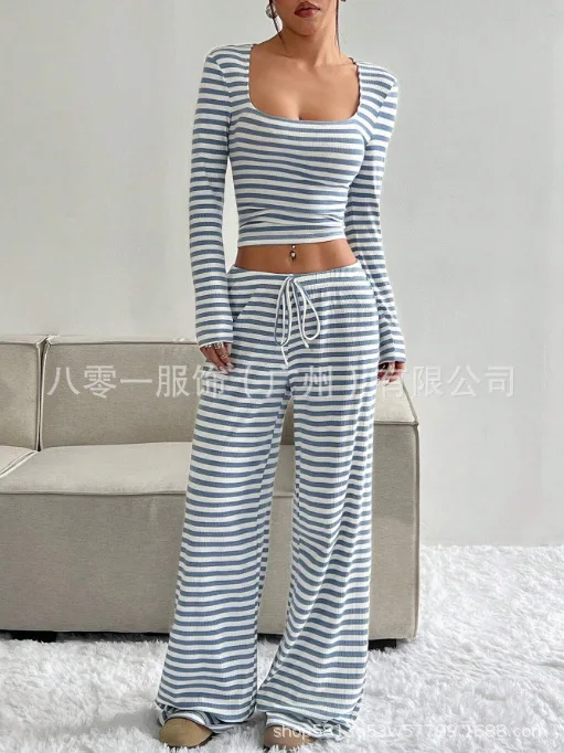 

Slim Wide Leg Pants Striped High Waist Flattering Trousers Casual Loose Comfortable Culottes Office Chic Elastic Waist Pants
