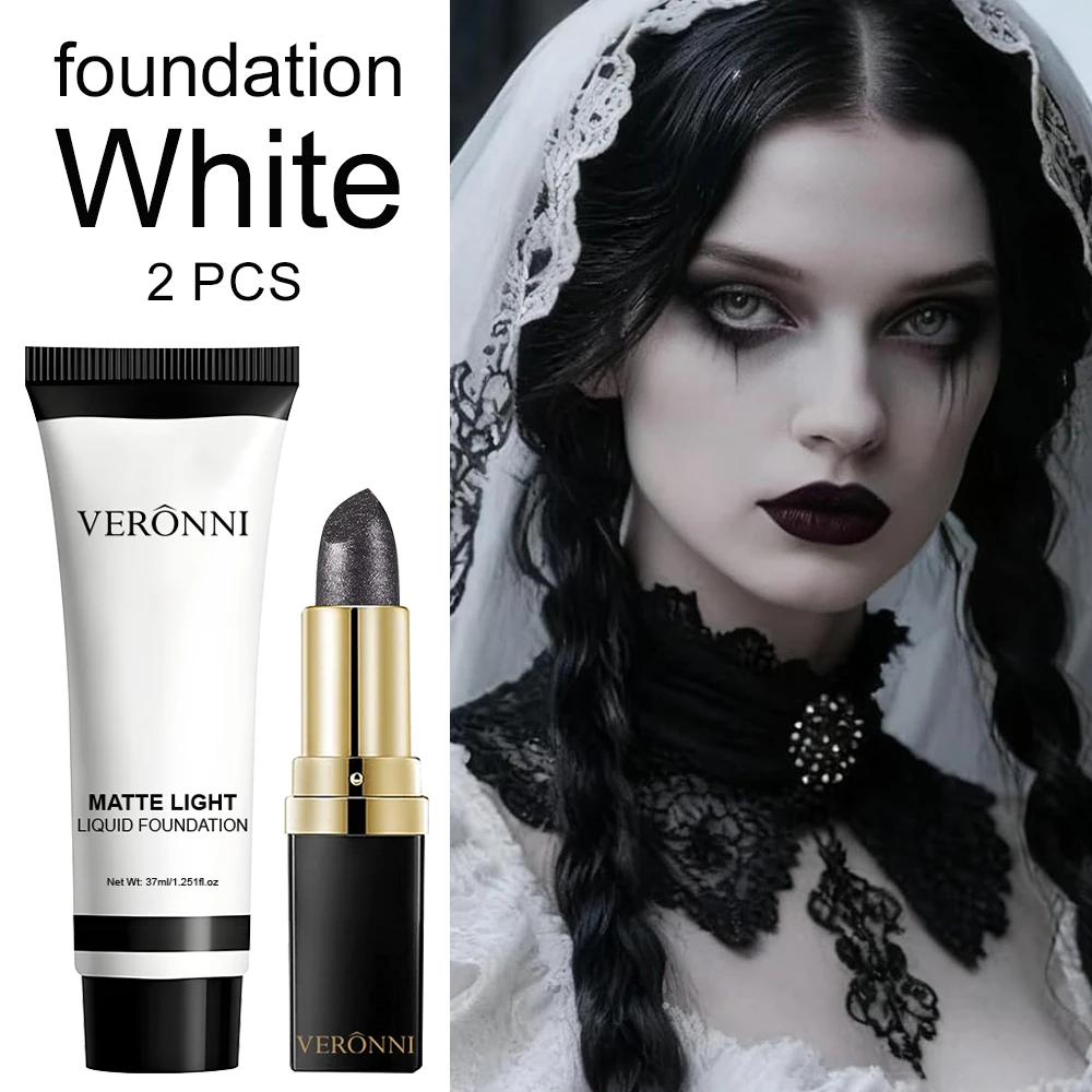 2pcs Halloween Makeup Kit, Matte White Liquid Foundation + Black Glitter Diamond Lipstick Set, Pale Ghost Bride Goth Cosmetics