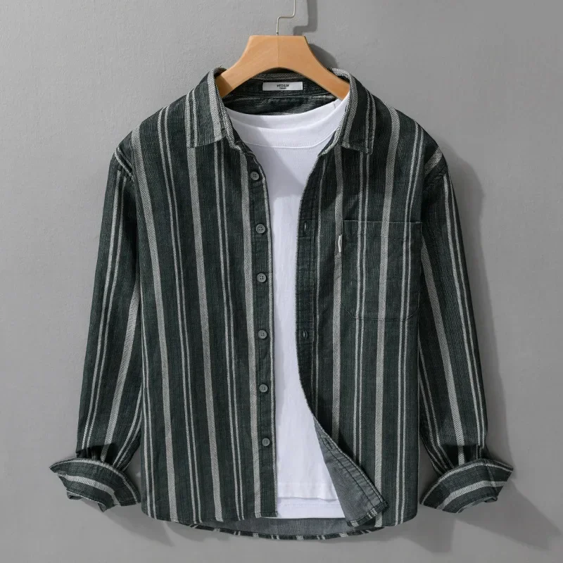 

Spring Fall Long Sleeve Striped Shirt Men Vintage Corduroy Tops for Men Turn Down Collar Pocket Casual Shirts Loose Shirts Male