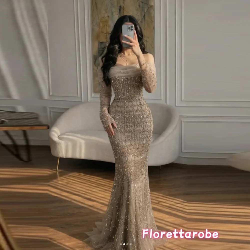 Glamouröse Abendkleider mit langen Ärmeln, schulterfrei, bodenlang, Meerjungfrau-Abschlussballkleider, Kristalle, Pailletten, formelle Partykleider, individuell gestaltet
