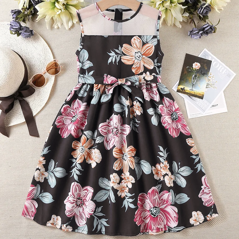 2024 Summer New Arrival Girls Sleeveless Sashes Print Floral Blue Cute Dress Infantil Menina Cute Party Dress Custume 8-12T