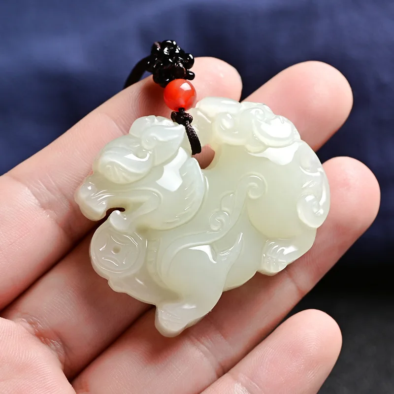Hotan White Three-Dimensional Pendant Double-Sided Pixiu Ornament Jade Necklace