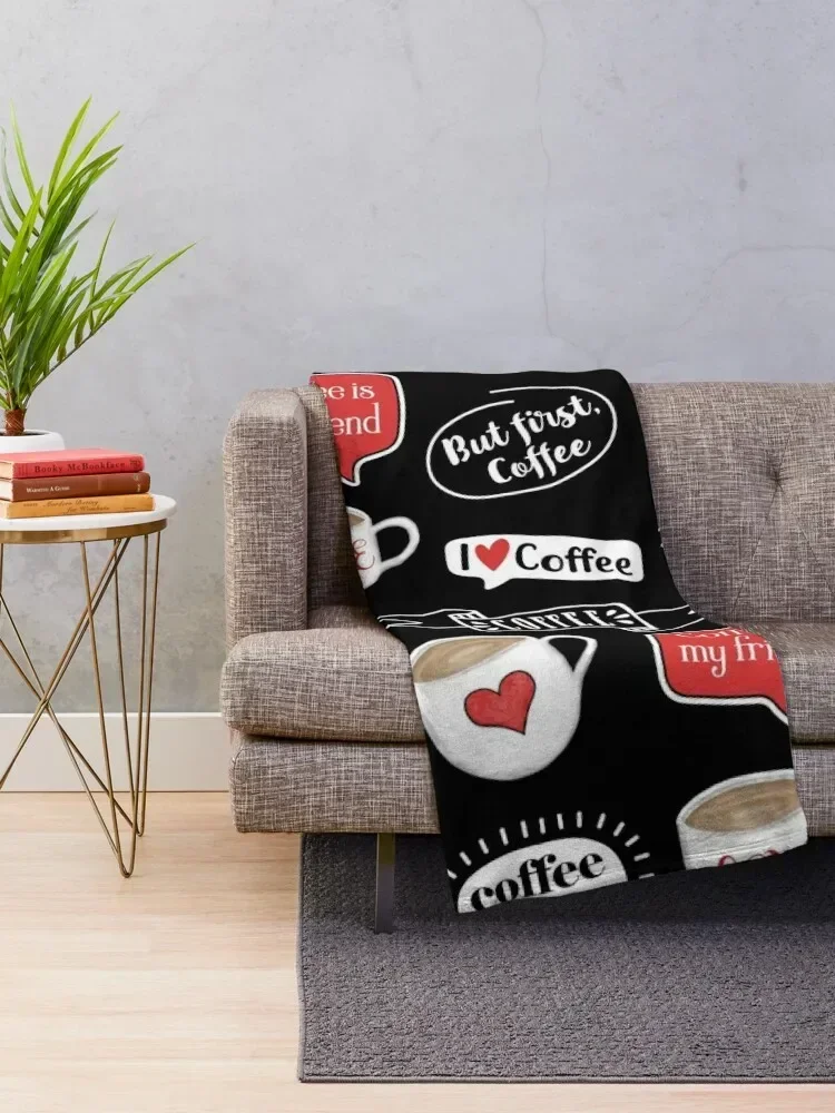 Hand-Drawn Coffee Mugs - I Love Coffee - Muted Red, Black and White - 2nd Version Throw Blanket anime Soft Big Blankets