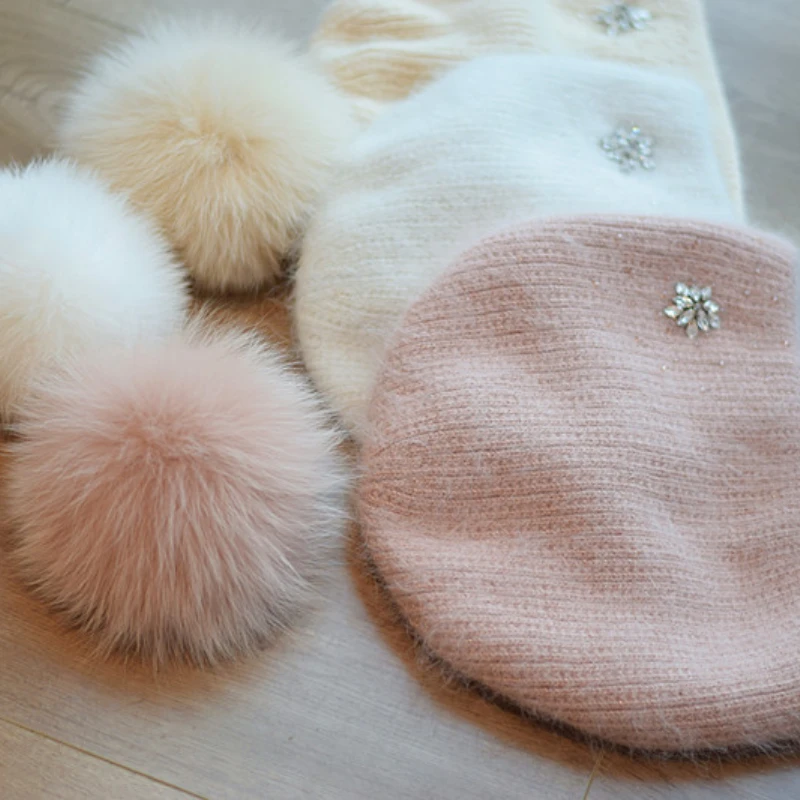 2023 neue Luxus Strass Beanie Hüte Frauen Winter Mode Warme Echt Kaninchen Fell Stricken Hüte Erwachsene Ohr Schutz Abdeckung Kopf kappe – Detail 4