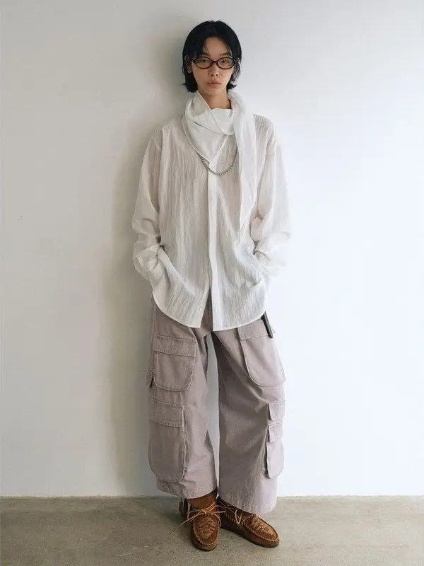 

Women's Casual Sle Loose Fit Long Sve irt with Scarf Collar V9639 Mid-Length Pure Color Lyrca Rayon Blend irt