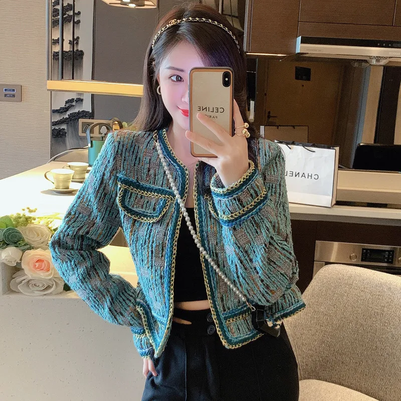 Short Design Small Fragrance Tweed Jacket Women Elegant Autumn Ladies Round CollarLong Sleeve Slim Outwear s449