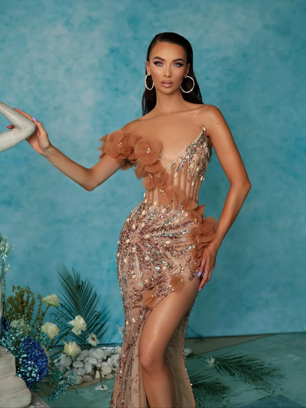 Sparkly Embroidery Beaded Lace Evening Dress Charming 3D Flower Long Wedding Party Gown Customized One Shoulder Prom Dresses