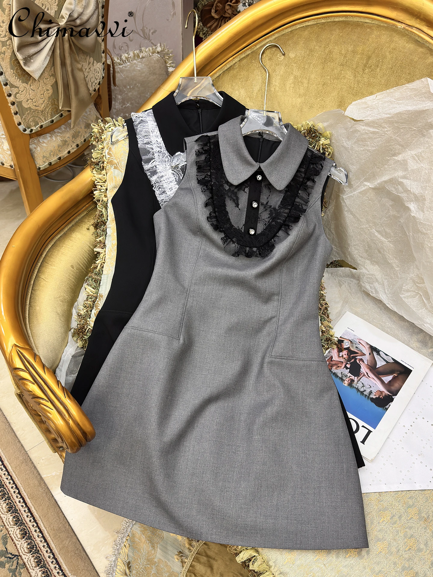

2025 Autumn New Heavy Light Luxury High-end Celebrity Lace Splicing Sleeveless Dress Fashion Sleeveless Temperament Womens Dress