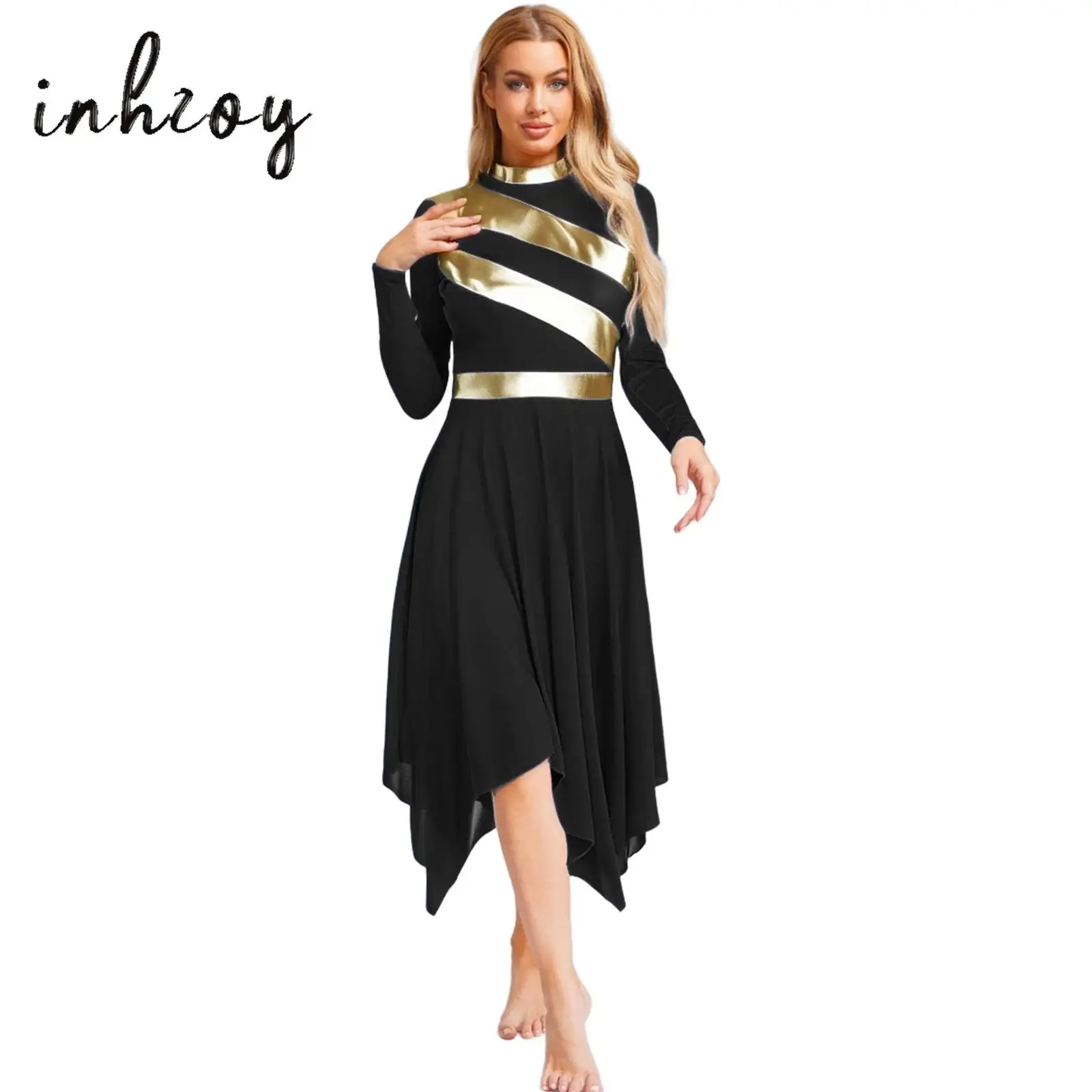 

Women Metallic Patchwork Worship Praise Dress Long Sleeve Irregular Hem Dress Tunic Liturgical Lyrical Dance Performance Costume