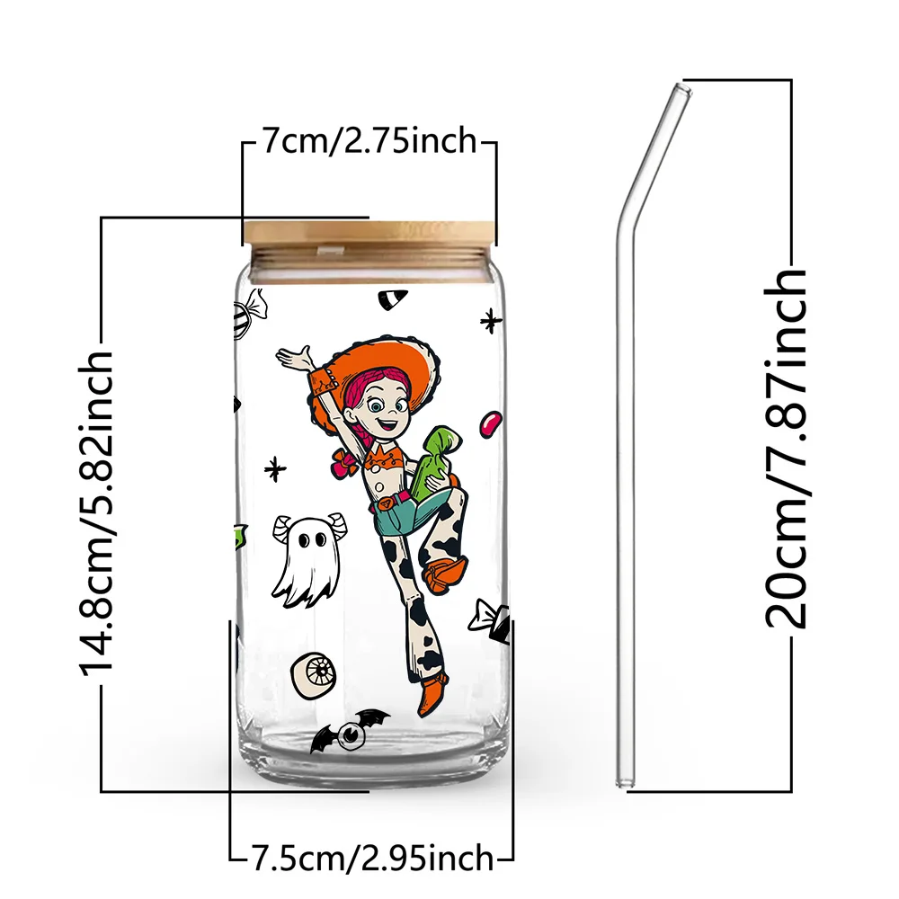 1pc 16oz Disney Toy Story Characters Halloween Glass Tumbler with Lid & Straw Design Reusable Drinkware for Home Office Party