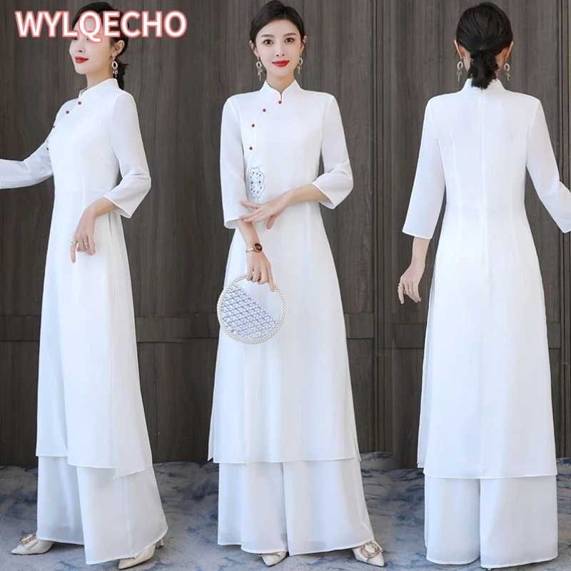 2024 Traditional Vietnam Ao Dai Vintage Dress+pants Set National Flower Rmbroidery Cheongsam Dress Banquet Evening Dress Vestido